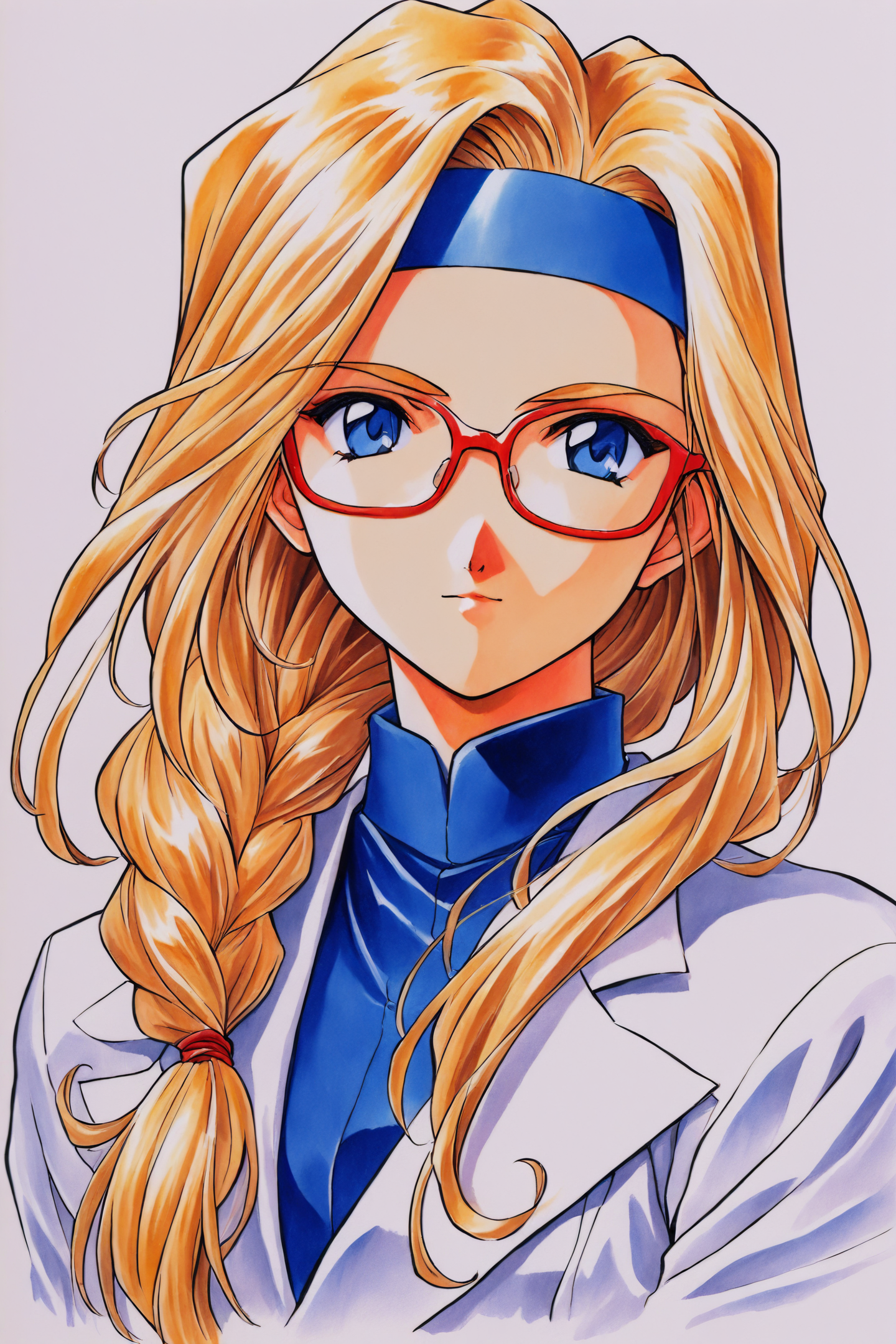 38826-878920459-Diana Caprice,1girl,solo,glasses,blonde hair,long hair,blue eyes,white background,labcoat,blue headband,braid,simple background,.png
